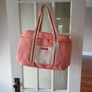 L*Space Coastal Cooler bag - Coral Pink w/ Red Stripe NIB Insulated Beach Bag